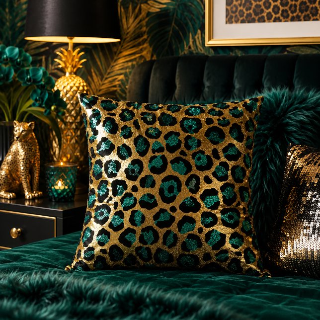 Teal and Gold Leopard Print Animal Pattern Cushion (Creator Uploaded)