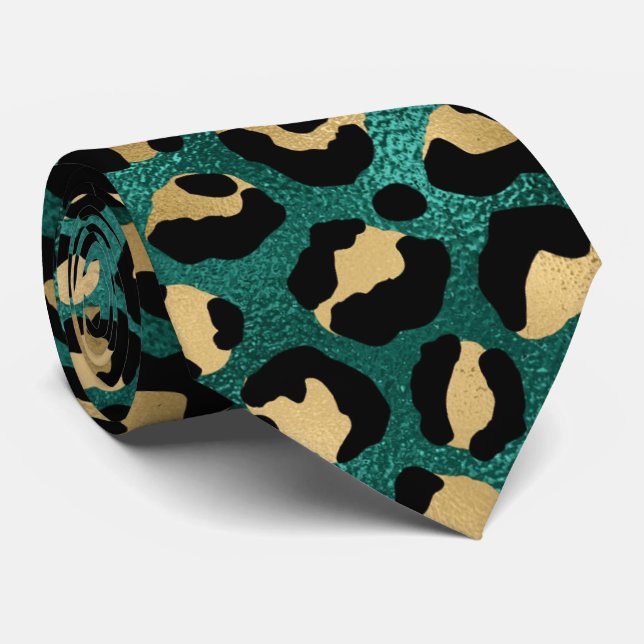 Teal and Gold Leopard Print Tie (Rolled)