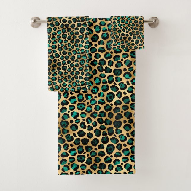 Teal and Gold Leopard Series Design 14 Bath Towel Set (Insitu)