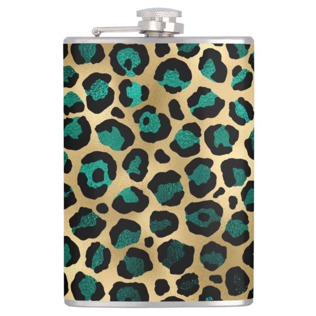 Teal and Gold Leopard Series Design 14  Hip Flask (Front)