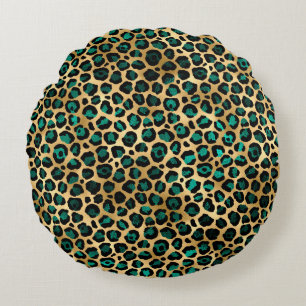 Teal and Gold Leopard Series Design 14  Round Cushion