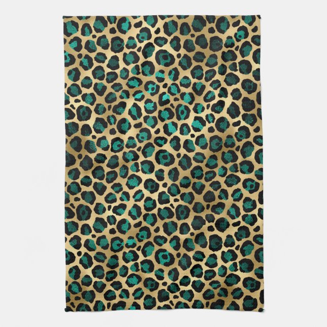 Teal and Gold Leopard Series Design 14 Tea Towel (Vertical)