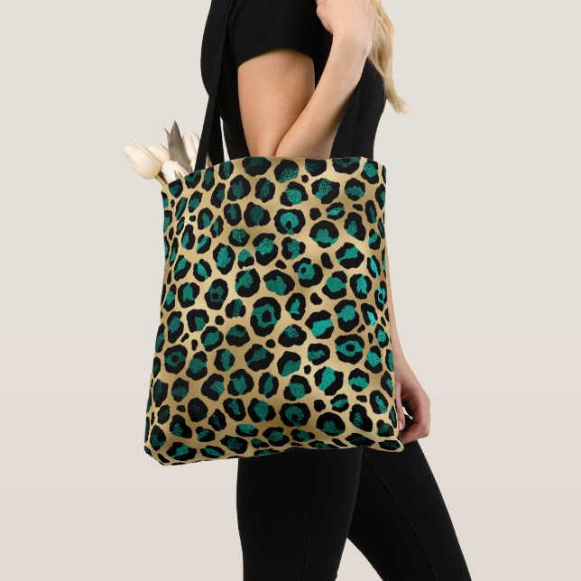 Teal and Gold Leopard Series Design 14 Tote Bag (Close Up)