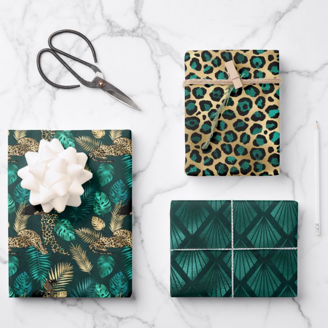 Teal and Gold Leopard Series Design 5  Wrapping Paper Sheet (Front)