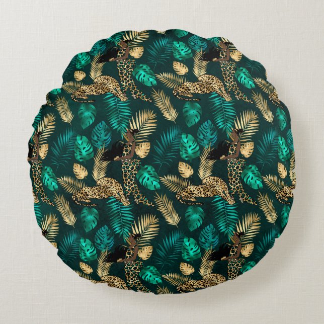 Teal and Gold Leopard Series Design 7 Round Cushion (Front)