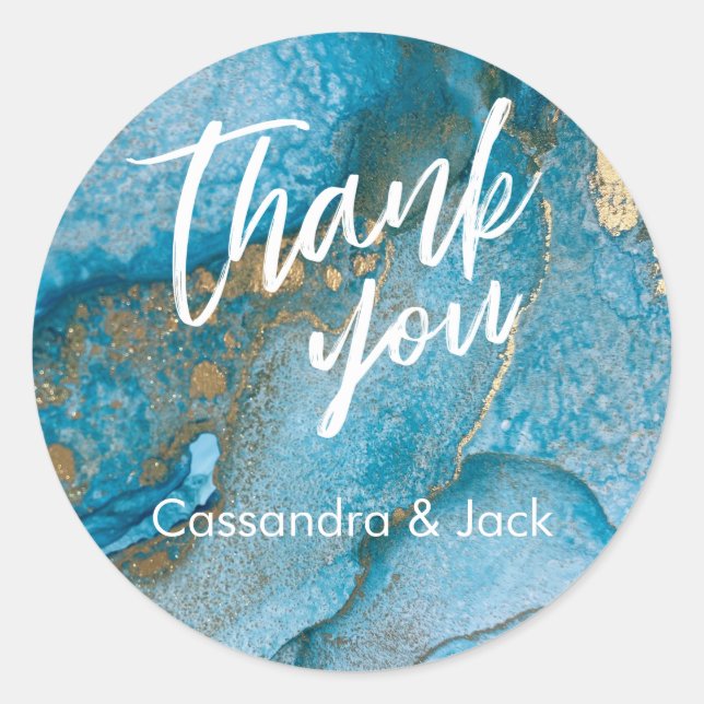 Teal and Gold Liquid Abstract Art Casual Hand Classic Round Sticker (Front)