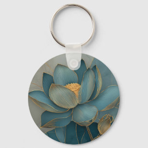 Teal and Gold Lotus Flower Geometric Line Art Zen Key Ring