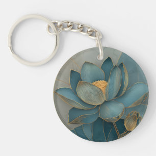 Teal and Gold Lotus Flower Geometric Line Art Zen Key Ring