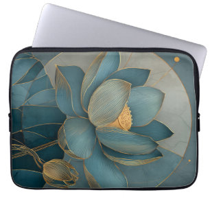 Teal and Gold Lotus Flower Geometric Line Art Zen Laptop Sleeve