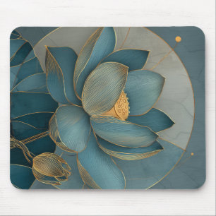 Teal and Gold Lotus Flower Geometric Line Art Zen Mouse Mat