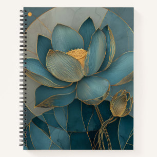 Teal and Gold Lotus Flower Geometric Line Art Zen Notebook