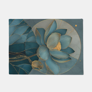 Teal and Gold Lotus Flower Geometric Line Doormat