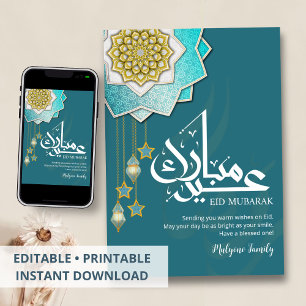 Teal and Gold Luxury Islamic Ornament Eid Card