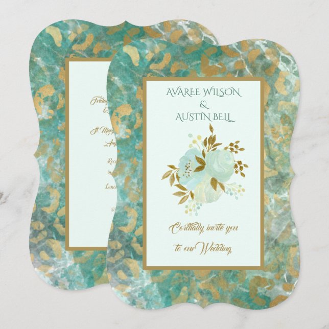 Teal and Gold Marble Wedding Invitation (Front/Back)