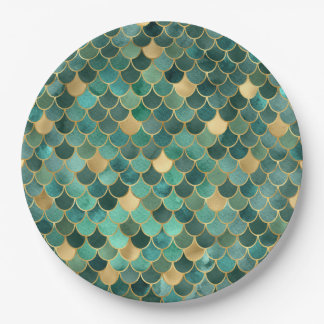 Teal and Gold Mermaid Scales Paper Plate