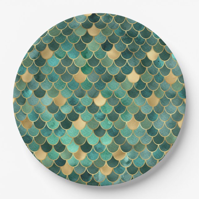 Teal and Gold Mermaid Scales  Paper Plate (Front)