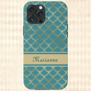 Teal and Gold Mermaid Scales with Monogram Name Case-Mate iPhone Case