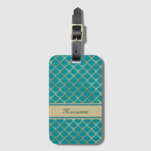 Teal and Gold Mermaid Scales with Monogram Name Luggage Tag