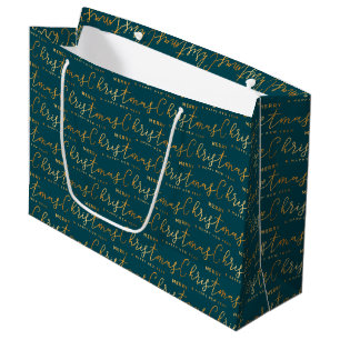 Teal and Gold Merry Christmas Word Art Large Gift Bag