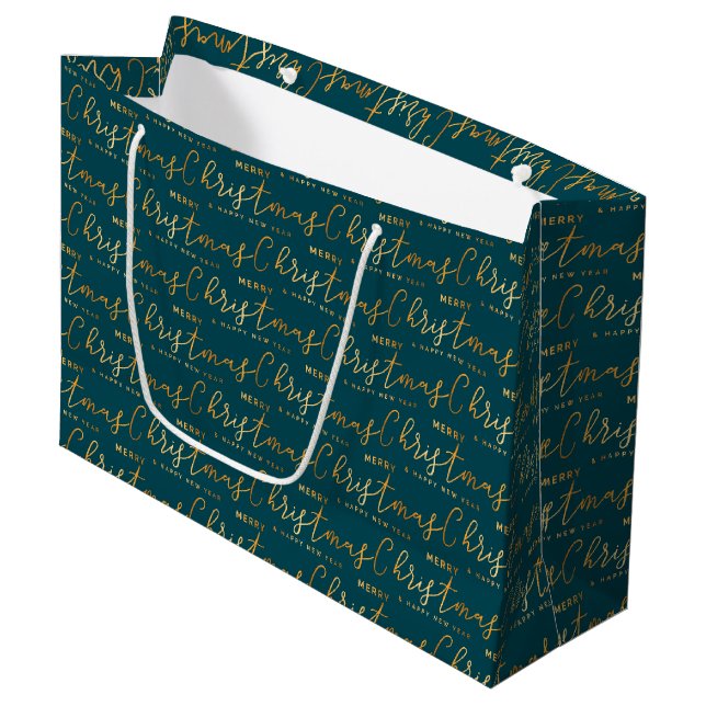 Teal and Gold Merry Christmas Word Art Large Gift Bag (Front Angled)