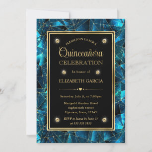 Teal and Gold Midnight Crystal Galaxy Quinceanera Invitation