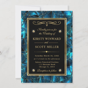 Teal and Gold Midnight Crystal Galaxy Wedding Invitation