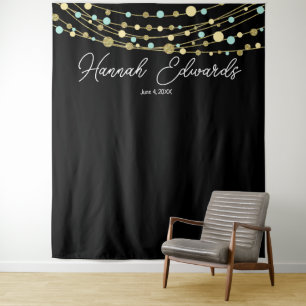 teal and gold milestone birthday party banner tapestry