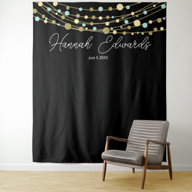teal and gold milestone birthday party banner tapestry (In Situ)