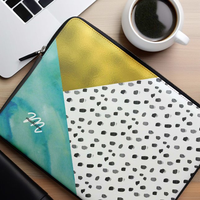 Teal and Gold Mixed Media Monogrammed Laptop Sleeve (Creator Uploaded)