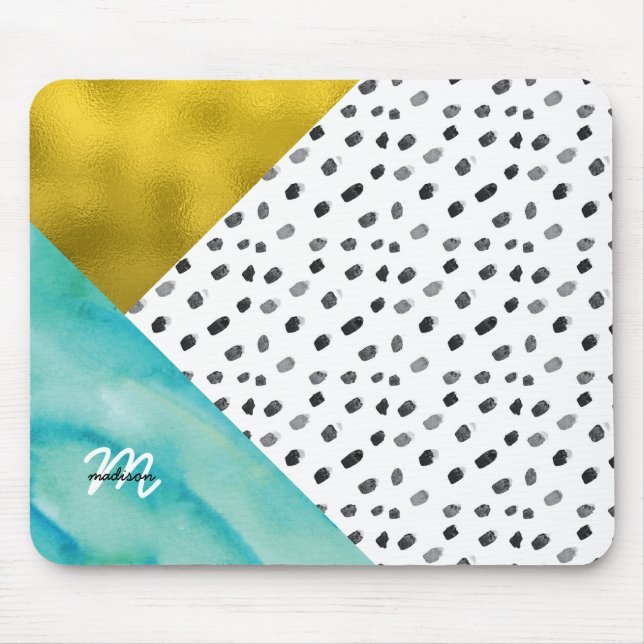 Teal and Gold Mixed Media Monogrammed Mouse Mat (Front)