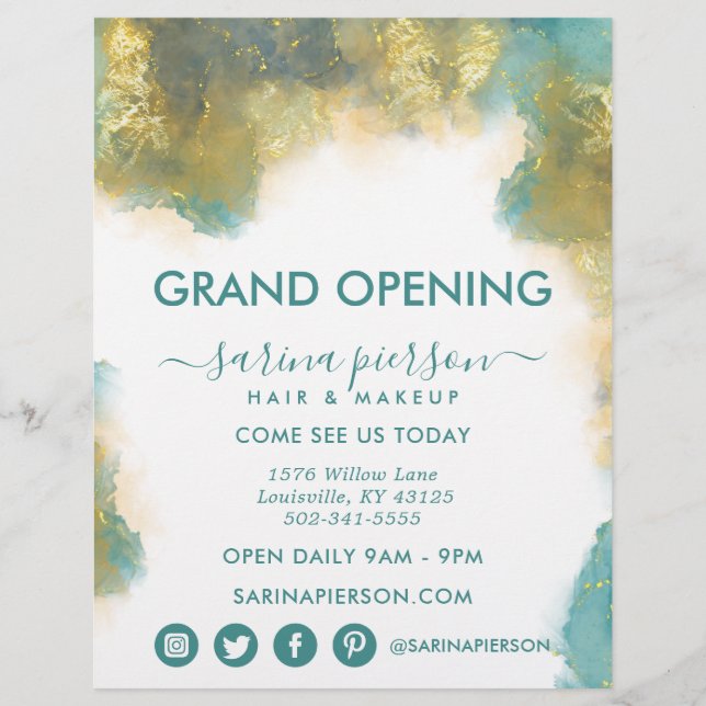 Teal And Gold Modern Art Liquid Ink Business Flyer (Front)