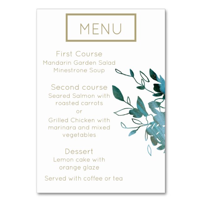 Teal and Gold Modern Minimalist Wedding Menu Table Table Number (Front)