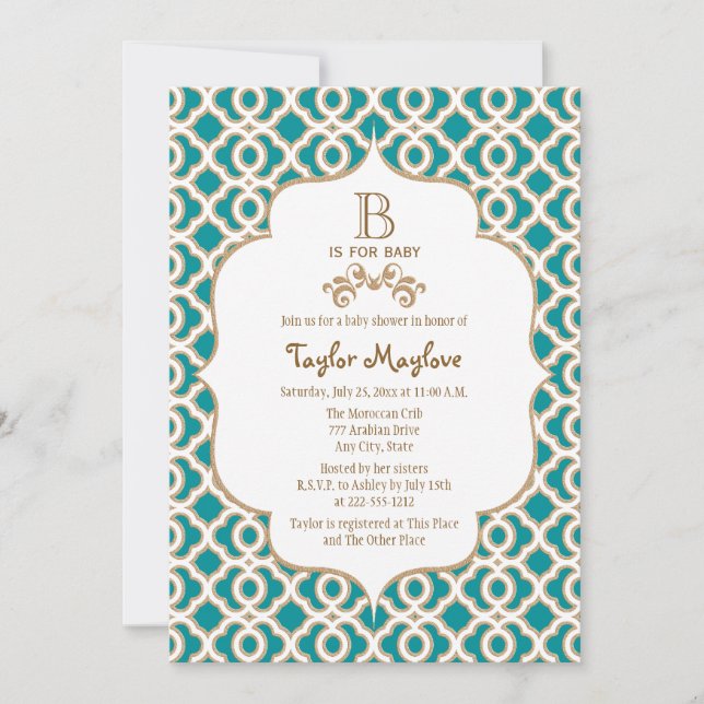 Teal and Gold Moroccan Baby Girl Baby Shower Invitation (Front)