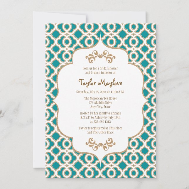 Teal and Gold Moroccan Bridal Shower Invites (Front)
