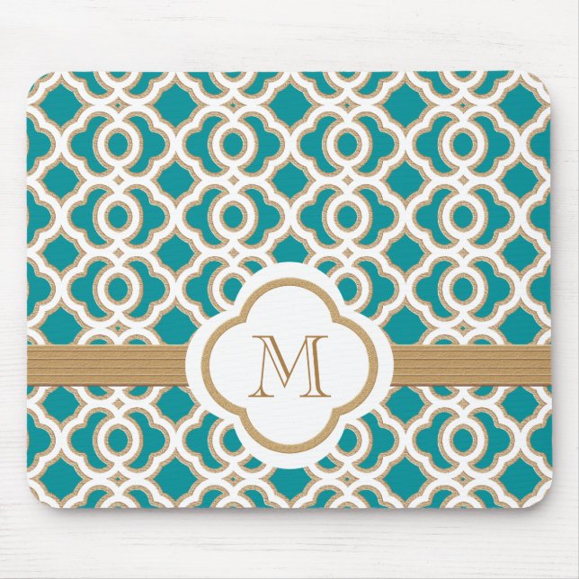 Teal and Gold Moroccan Monogrammed Mouse Mat (Front)