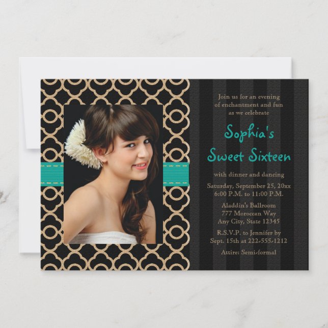 Teal and Gold Moroccan Sweet Sixteen Photo Invitation (Front)