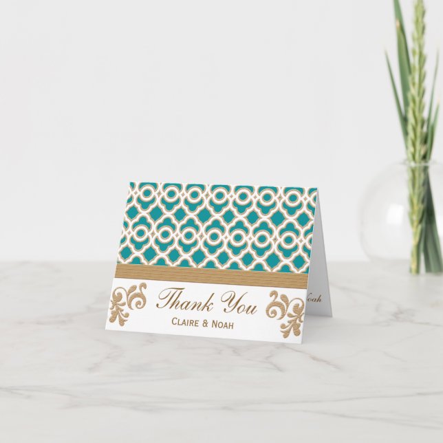 Teal and Gold Moroccan Thank You Wedding Card (Front)