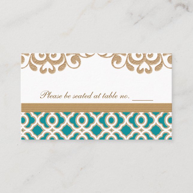 Teal and Gold Moroccan Wedding Table Place Place Card (Front)