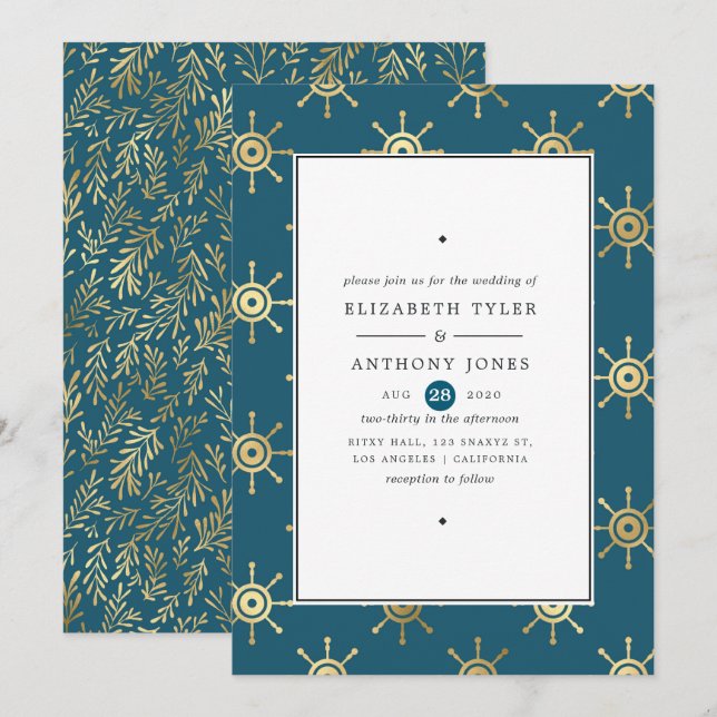 Teal and Gold Nautical Wedding Invitation (Front/Back)