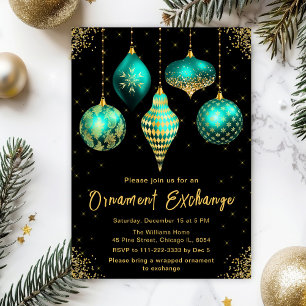 Teal and Gold Ornament Exchange Party Invitation