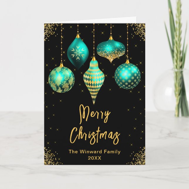 Teal and Gold Ornaments Merry Christmas Holiday Card (Front)