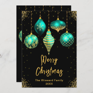 Teal and Gold Ornaments Merry Christmas Holiday Card