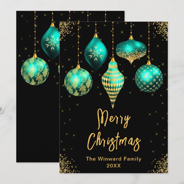 Teal and Gold Ornaments Merry Christmas Holiday Card (Front/Back)