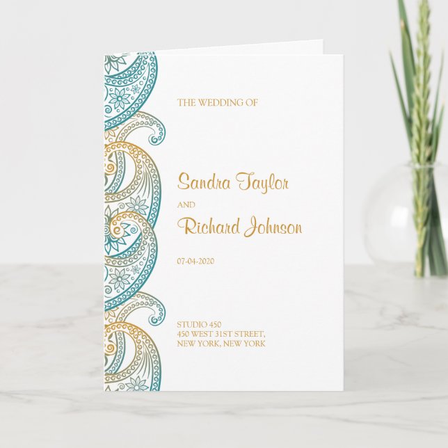Teal and Gold Paisley Indian Wedding Programme (Front)