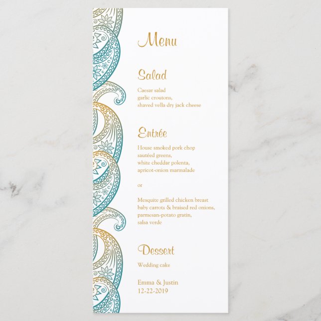Teal and Gold Paisley Indian Wedding Rackcard Menu (Front)