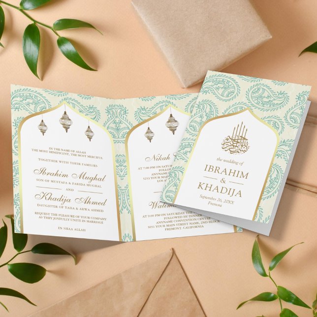 Teal and Gold Paisley QR Code Muslim Wedding Invitation (Creator Uploaded)