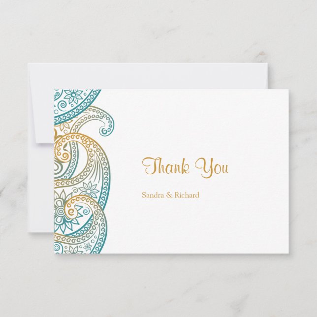 Teal and Gold Paisley Traditional Indian Wedding Thank You Card (Front)