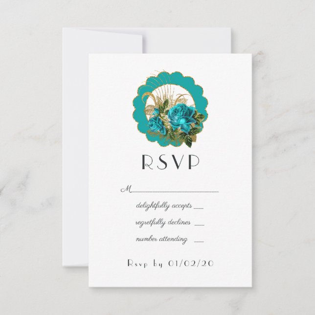 Teal and Gold Paris Art Deco Roses Wedding RSVP Card (Front)