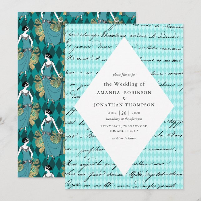 Teal and Gold Paris Themed Calligraphy Wedding Invitation (Front/Back)