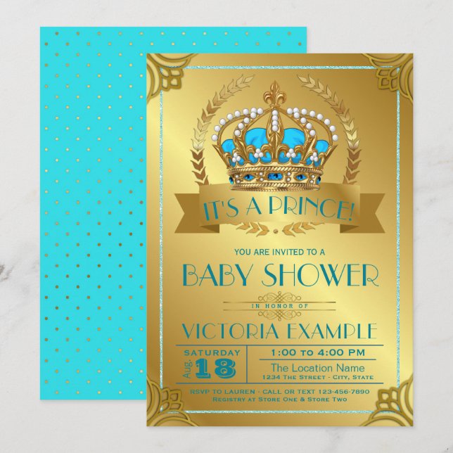 Teal and Gold Prince Baby Shower Invitations (Front/Back)